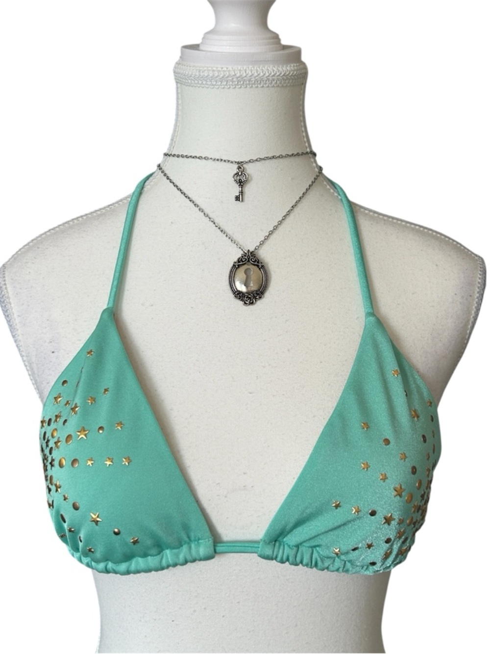 Y2K “Victoria’s Secret” Aqua Blue Gold Studded Bikini Top